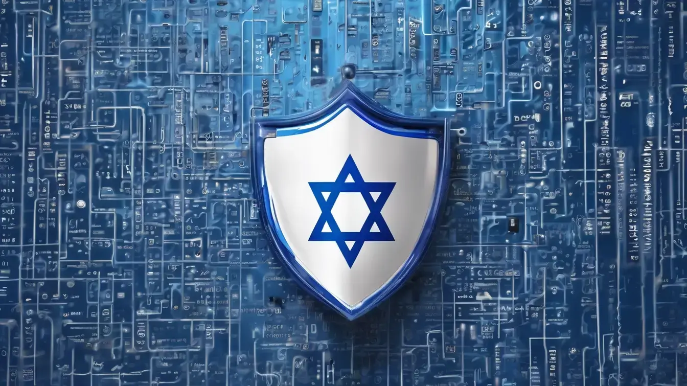 עמדת הרשות לניירות ערך בעניין סייבר. מגן כחול־כסוף עם מגן דוד במרכזו מוצב על רקע מעגלים מודפסים, מסמל הגנה קיברנטית של מדינת ישראל